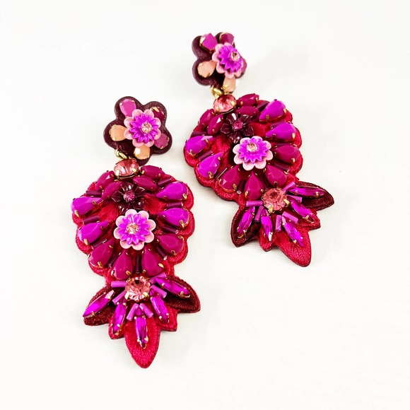 J. Crew Jewelry - J. Crew Pink Floral Embroidered Leather Back Earrings